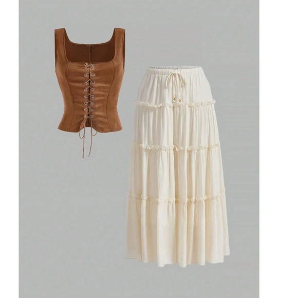 Boho Vegan Suede lace up Tank Top Maxi Skirt Set - Picture 3 of 6